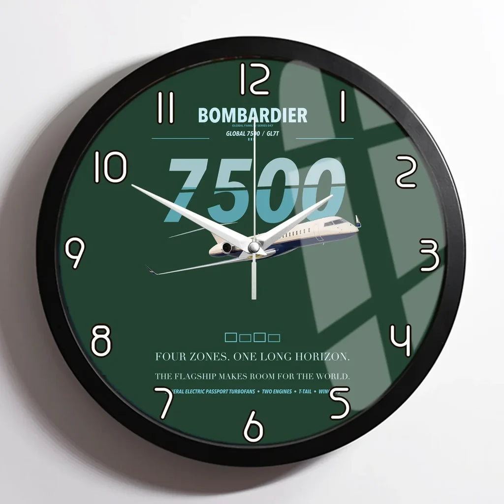 Bombardier Global 7500 design on dark green framed wall clock