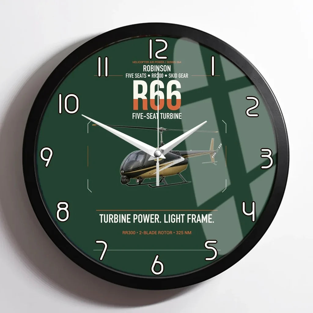 Robinson R66 design on dark green framed wall clock