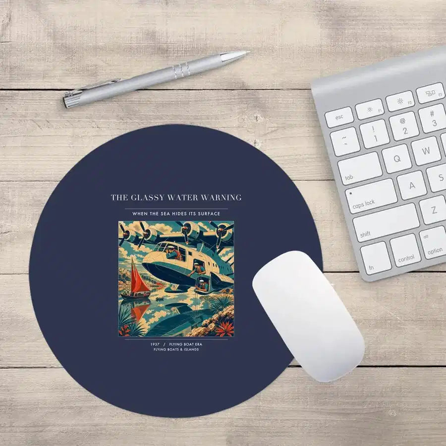 VINTAGE G4280 - The Glassy Water Warning - Designed Mouse Pads design on navyblue round
