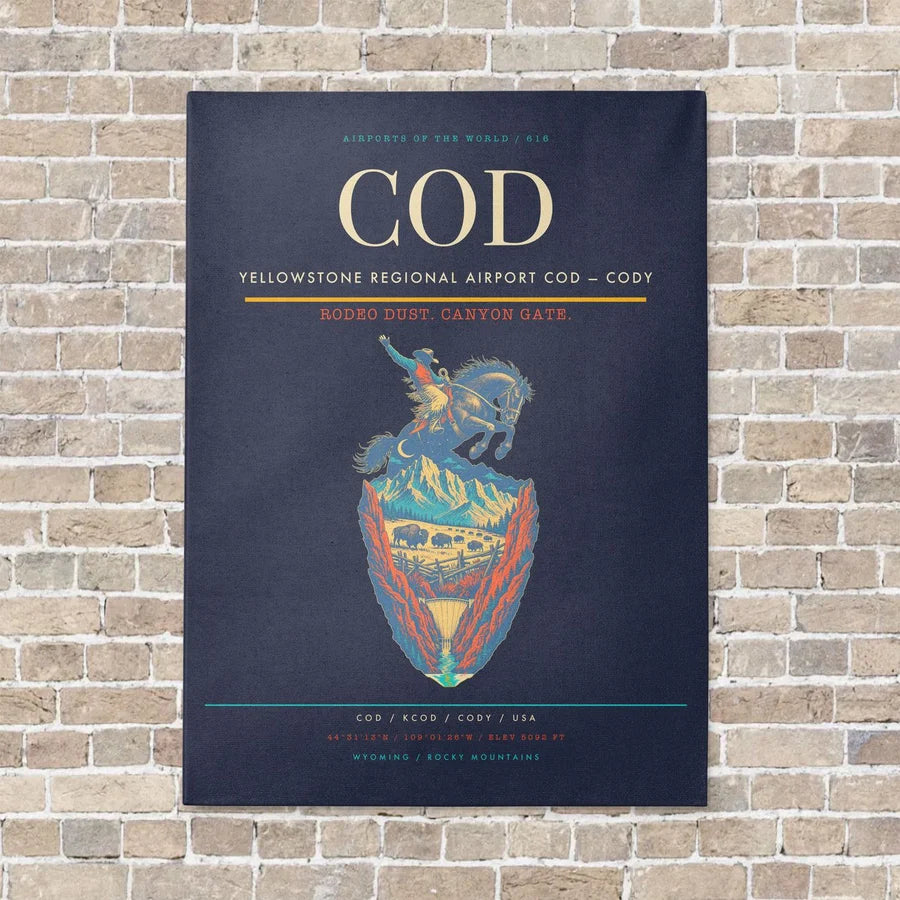 Yellowstone Regional Airport COD — Cody vertical canvas print - no frame - navy blue background