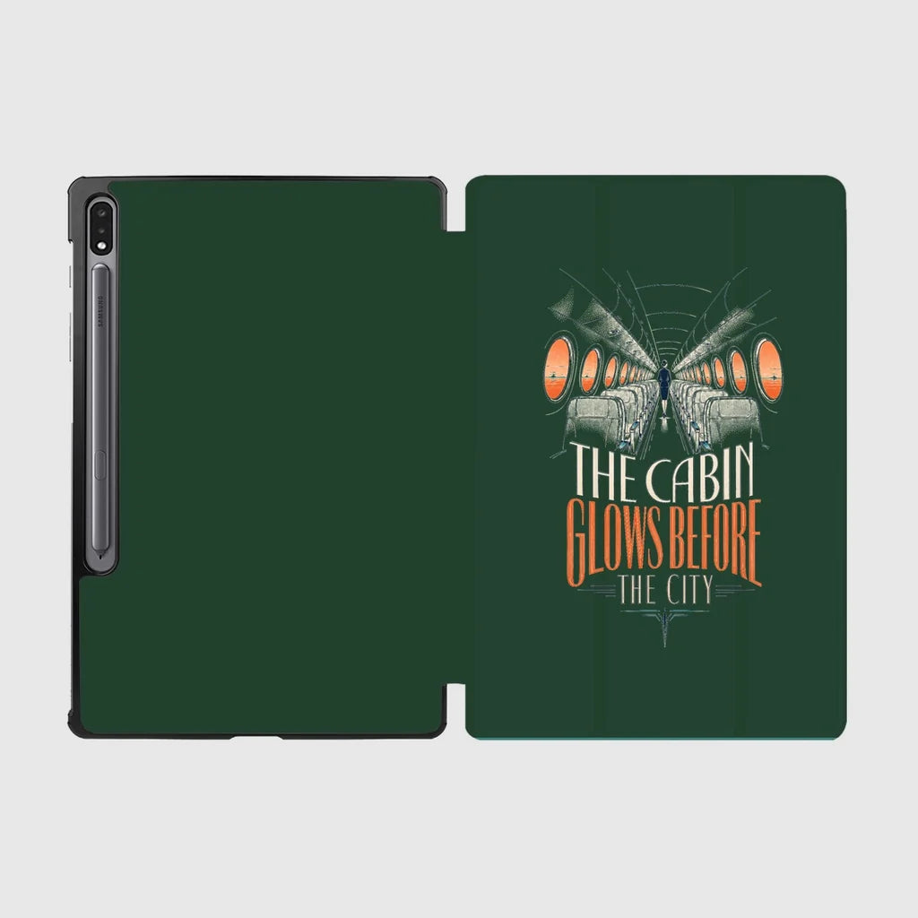 The Cabin Glows Before The City design on dark green samsung tablet tablet case