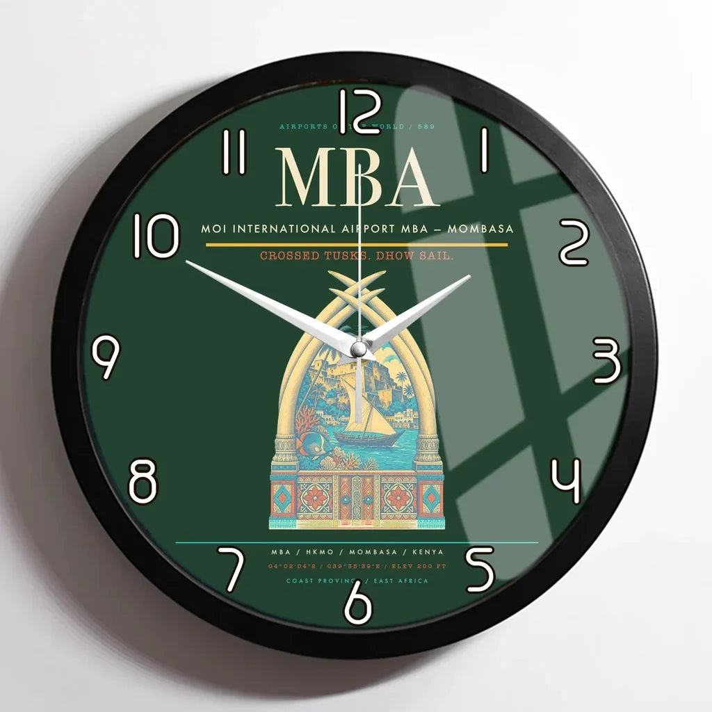 Moi International Airport (MBA) design on dark green framed wall clock