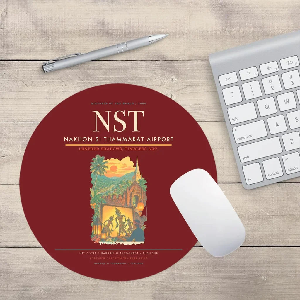Nakhon Si Thammarat Airport (NST) design on dark red round mouse pad