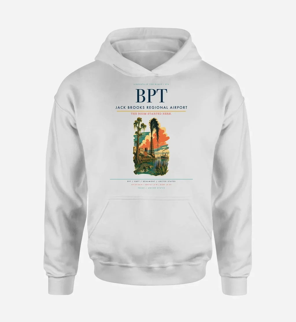 Jack Brooks Regional Airport (BPT) design on white hoodie single-side print
