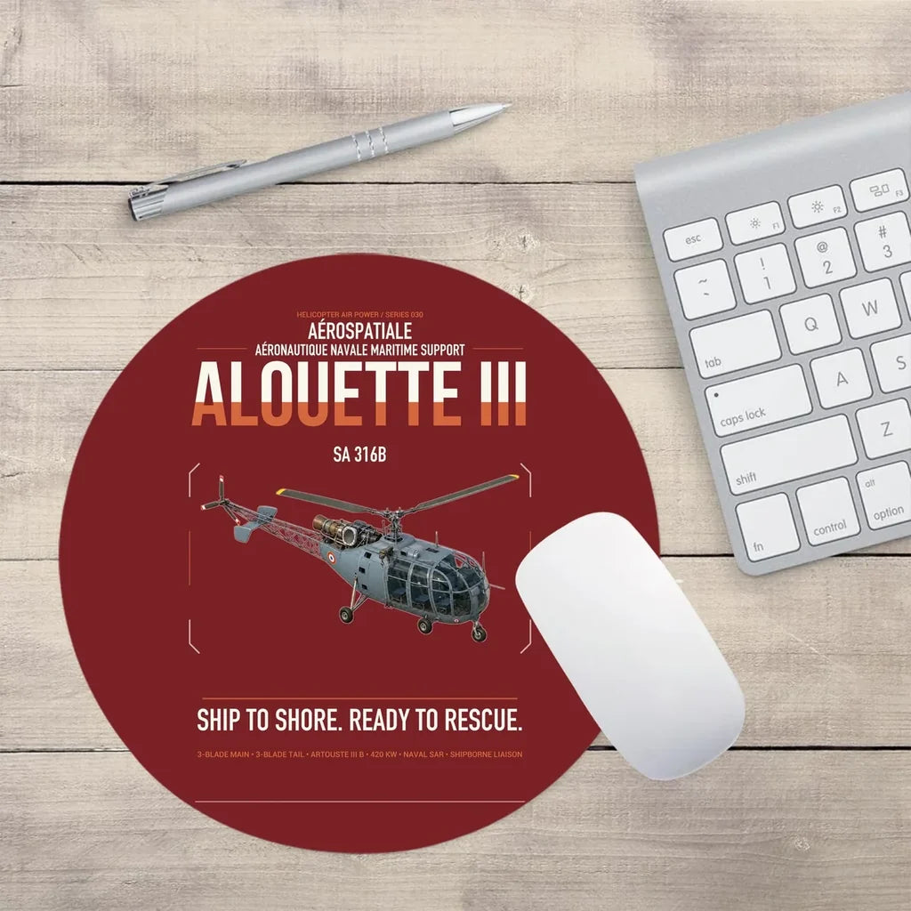 Aérospatiale SA 316B Alouette III design on dark red round mouse pad
