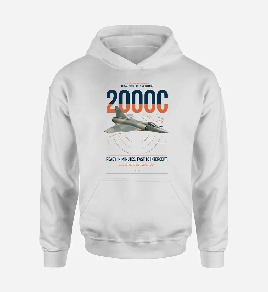 Dassault Mirage 2000C RDI design on white double-side hoodie, single-side print