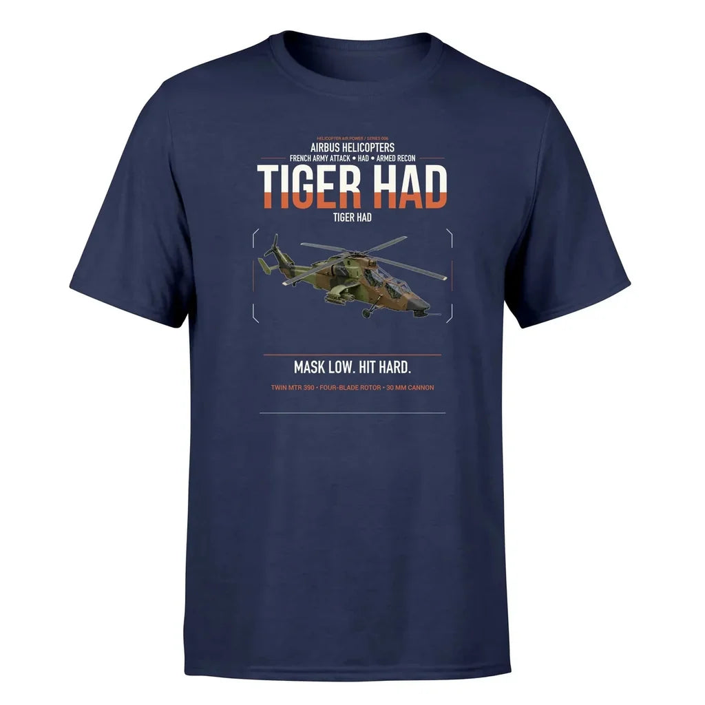 Airbus Helicopters Tiger HAD design on navy blue t-shirt, single-side print