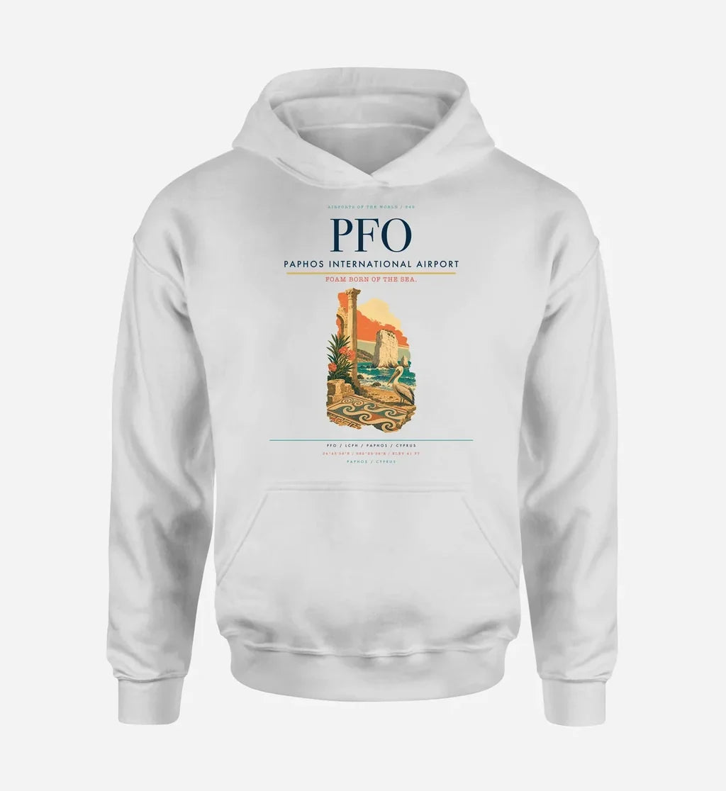 Paphos International Airport (PFO) design on white hoodie single-side print
