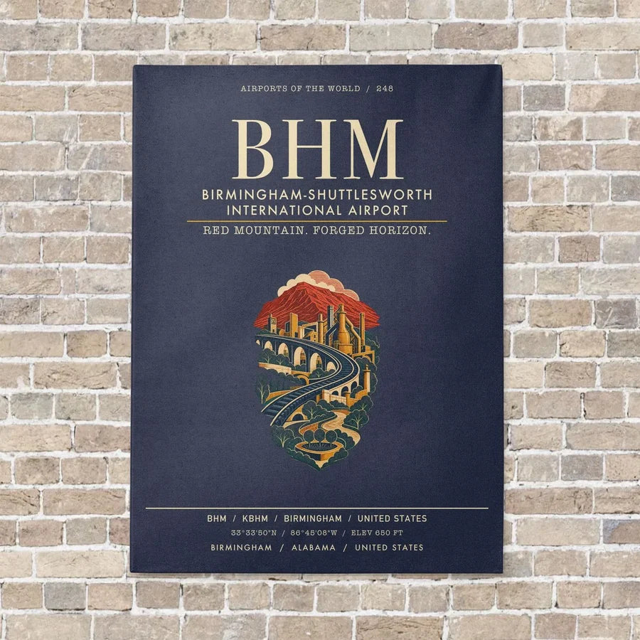Birmingham-Shuttlesworth International Airport BHM vertical canvas print - no frame - navy blue background