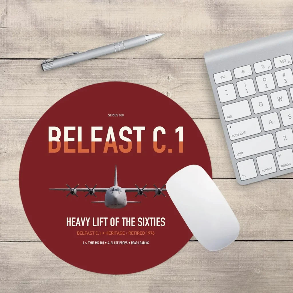 Short Belfast C.1 design on dark red round mouse pad