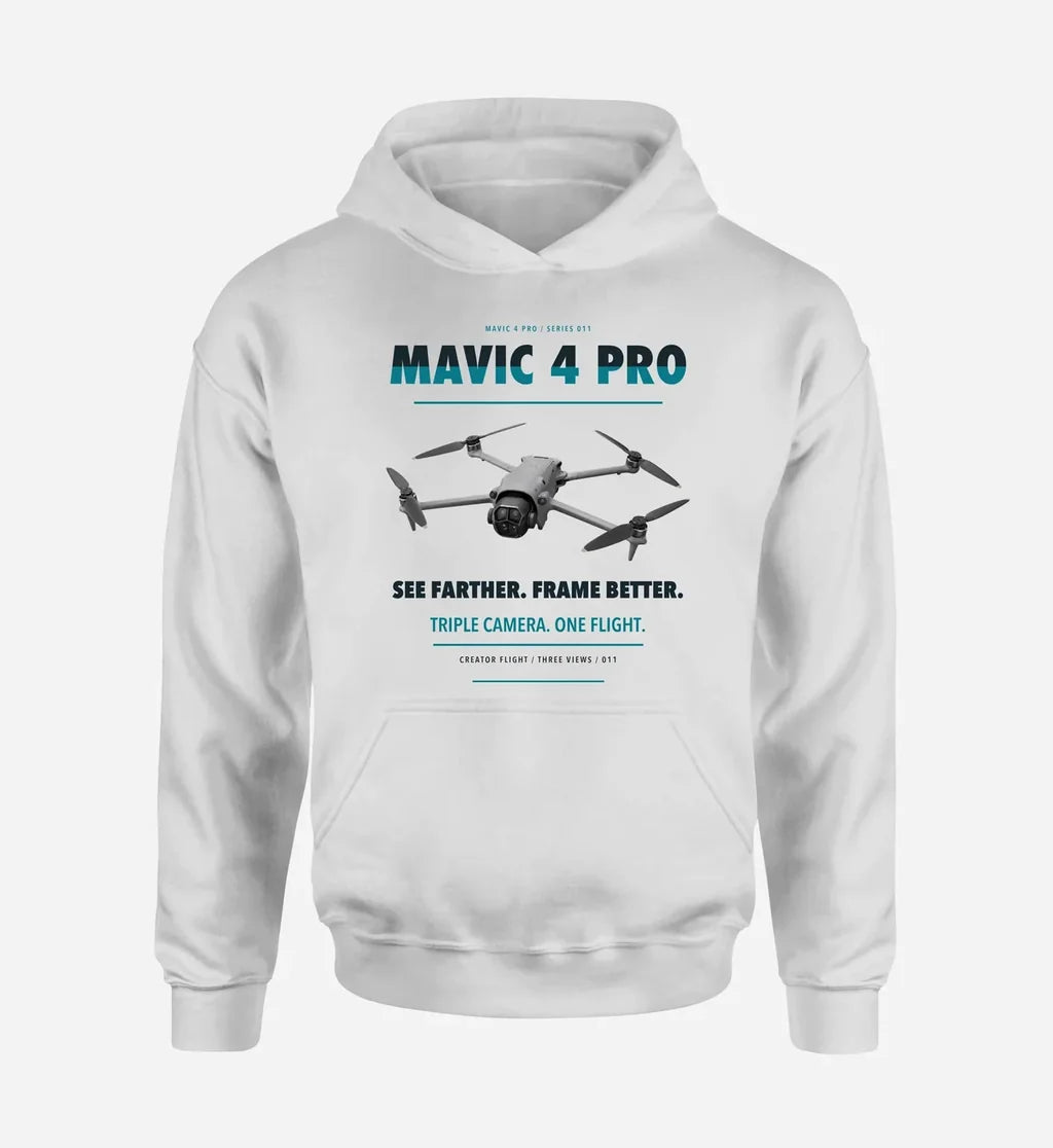 DJI Mavic 4 Pro design on white hoodie single side