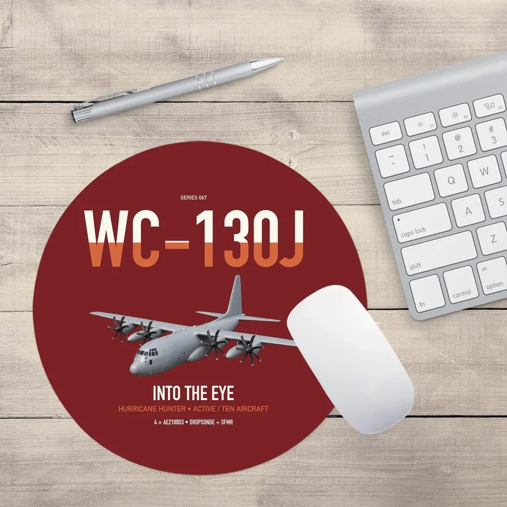 WC-130J Hurricane Hunter design on dark red round mouse pad