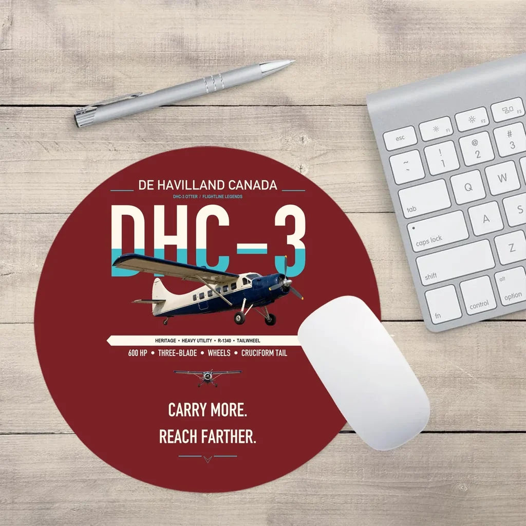 DHC-3 Otter design on dark red round mouse pad