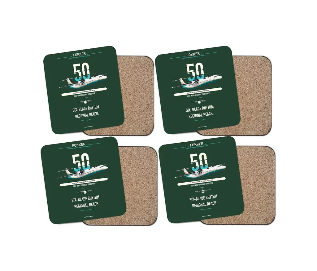 Fokker 50 design on dark green 4 pieces set coaster