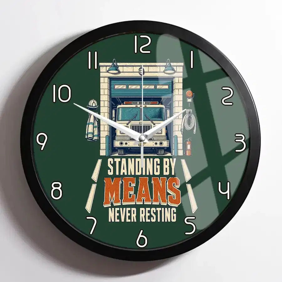 Standing By Means Never Resting design on dark green framed wall clock