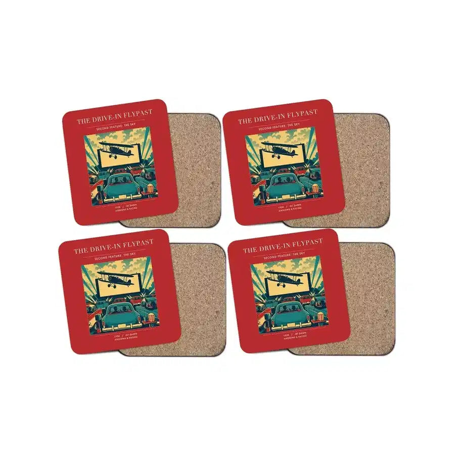 The Drive-In Flypast - Designed Coasters design on red 4-pieces-set