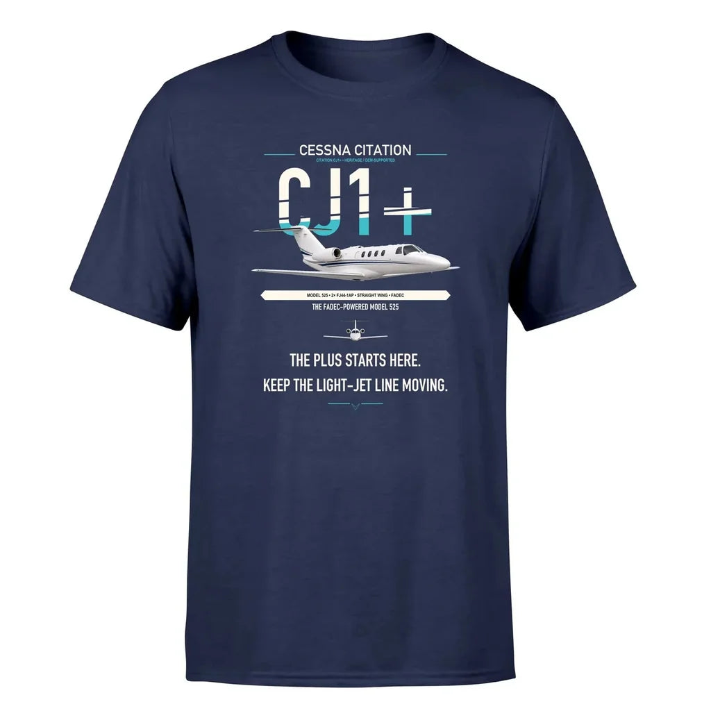 Cessna Citation CJ1+ design on navy blue double-side t-shirt, single-side print