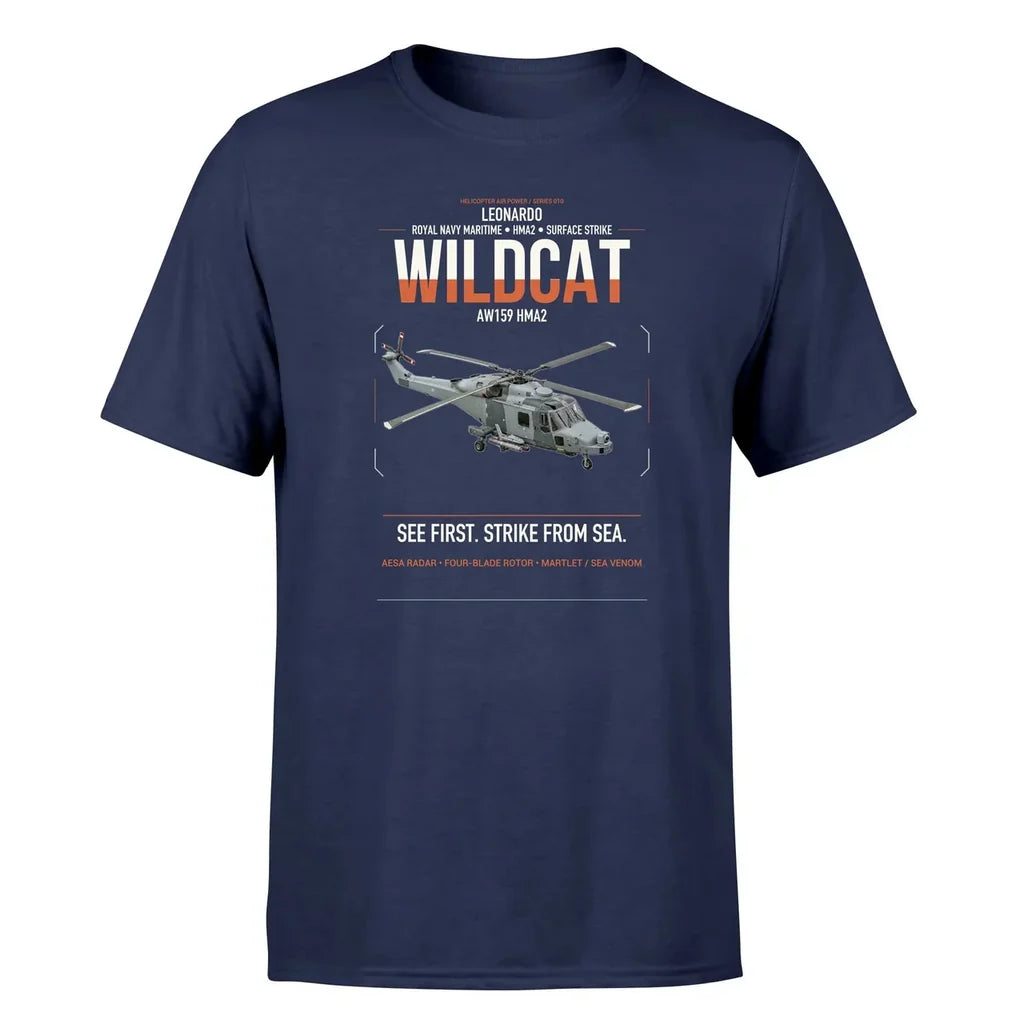 Leonardo AW159 Wildcat HMA2 design on navy blue t-shirt, single-side print