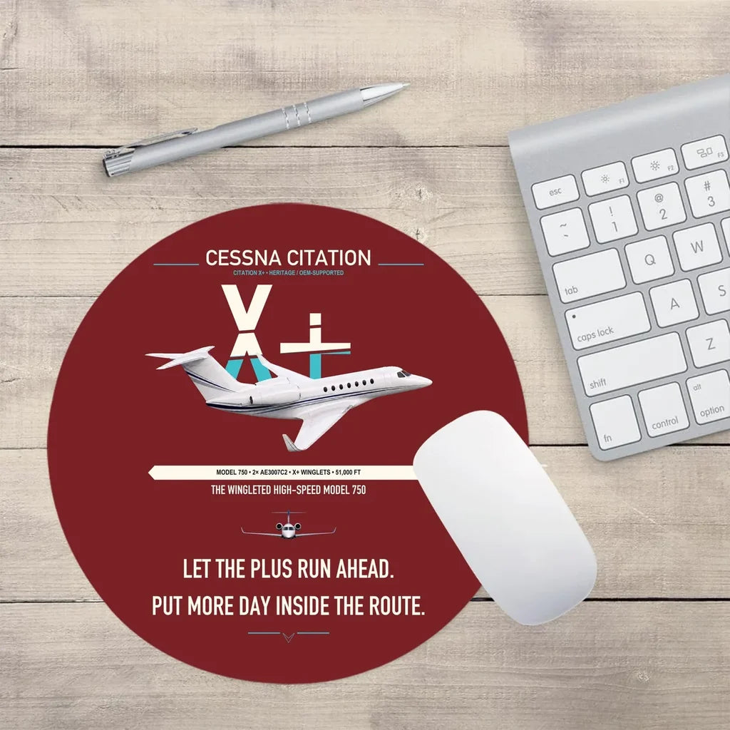 Cessna Citation X+ design on dark red round mouse pad