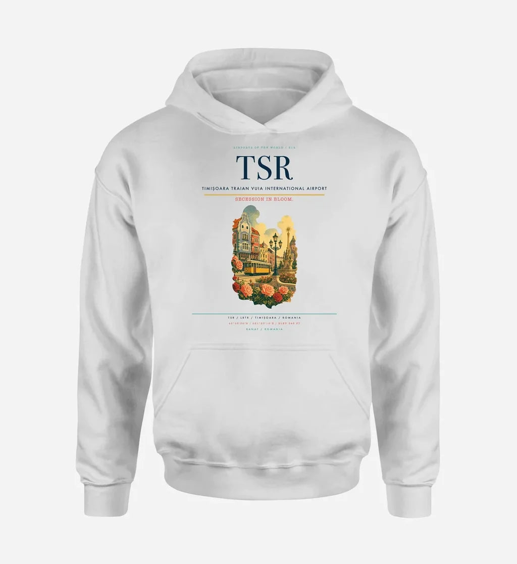 Timișoara Traian Vuia International Airport (TSR) design on white hoodie single-side print
