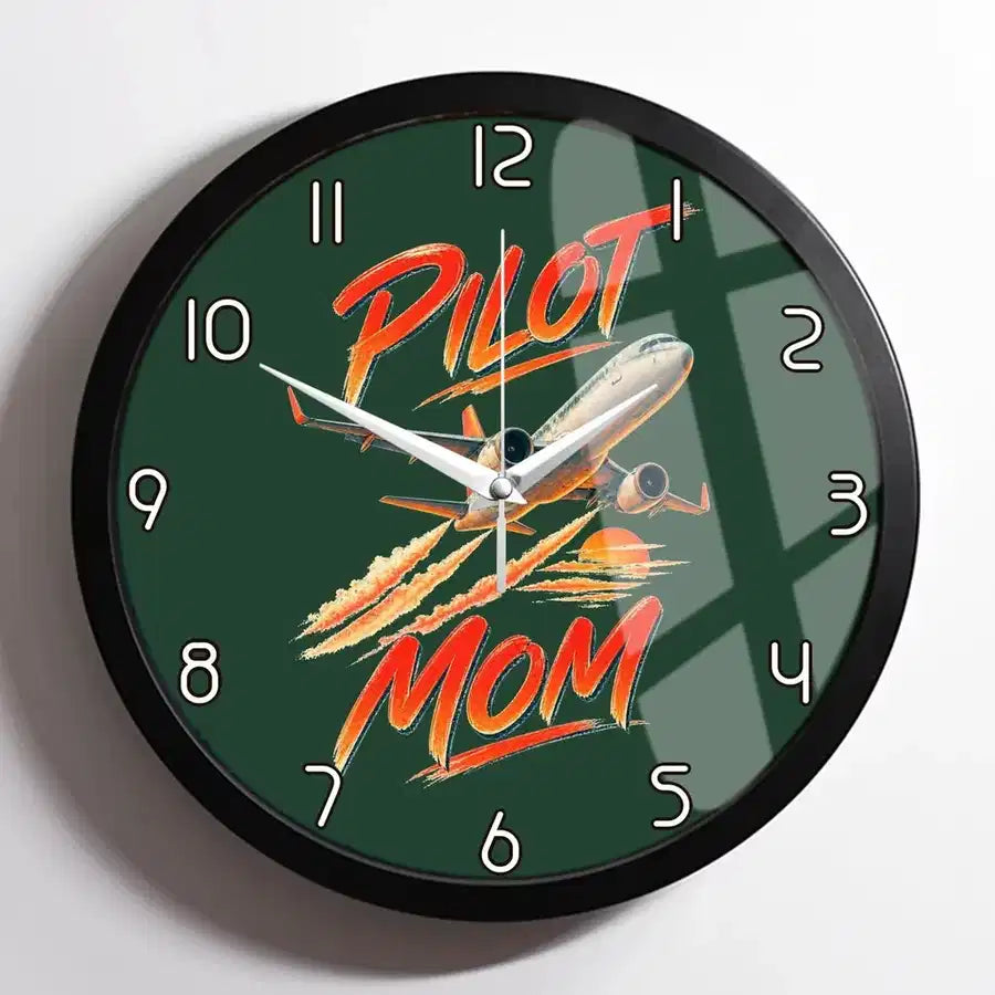 Pilot Mom design on dark green framed wall clock