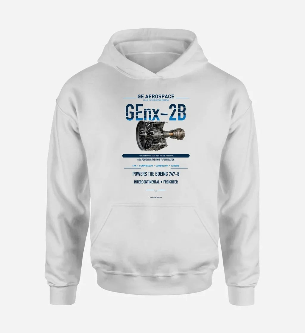 GEnx-2B design on white hoodie single side