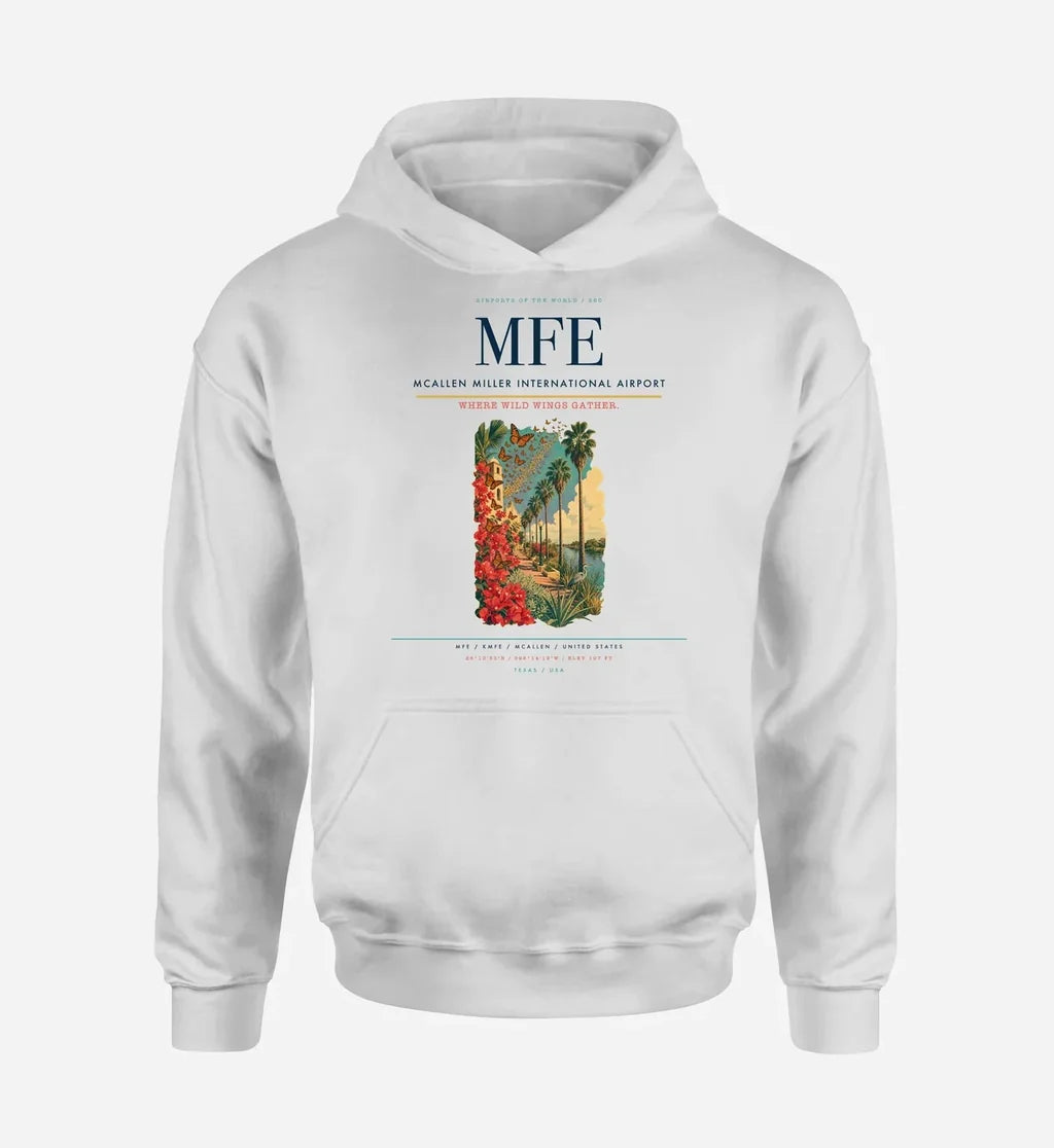 McAllen Miller International Airport (MFE) design on white hoodie single-side print
