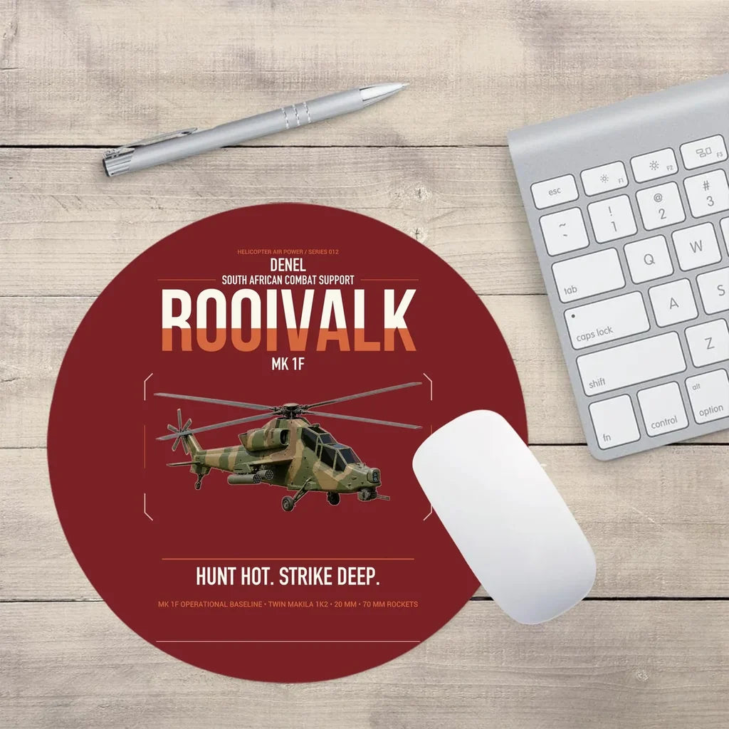 Denel Rooivalk Mk 1F design on dark red round mouse pad