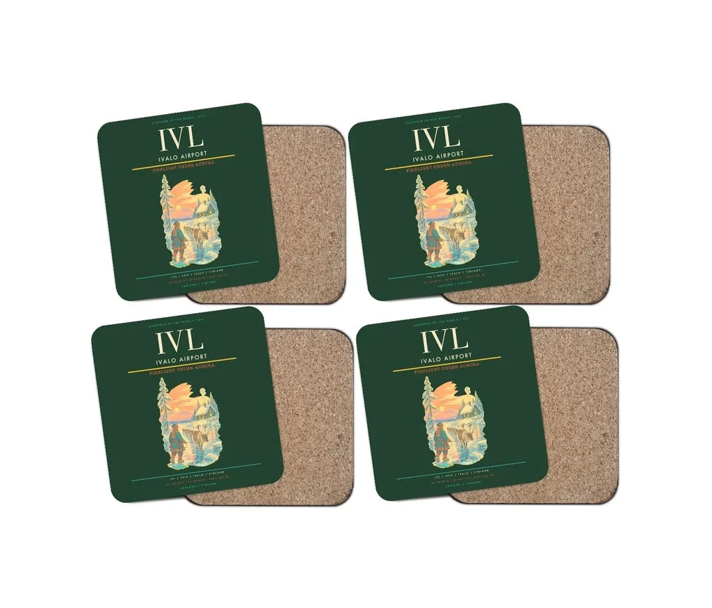 Ivalo Airport (IVL) design on dark green 4 pieces set coaster