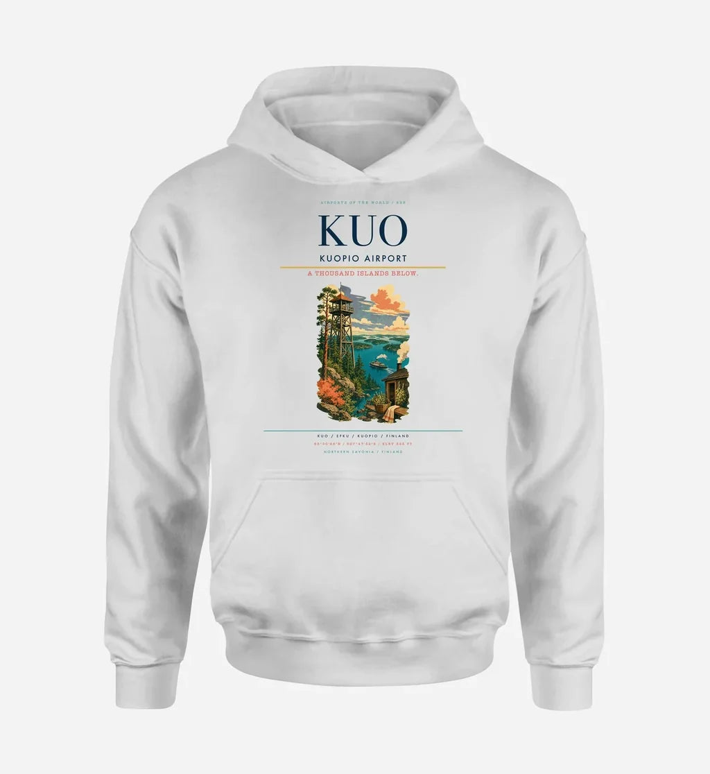 Kuopio Airport (KUO) design on white hoodie single-side print
