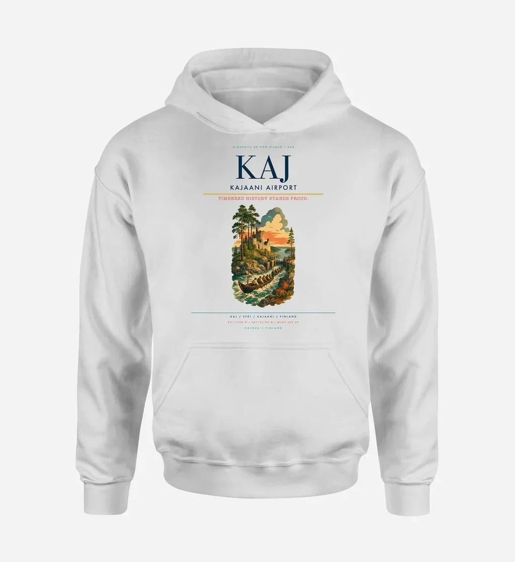 Kajaani Airport (KAJ) design on white hoodie single-side print