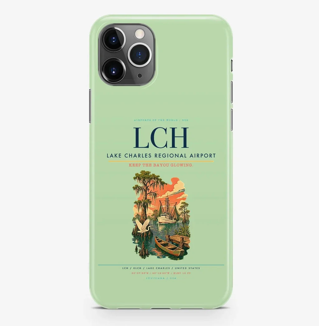 Lake Charles Airport (LCH) design on light green iPhone 16 Pro MagSafe case