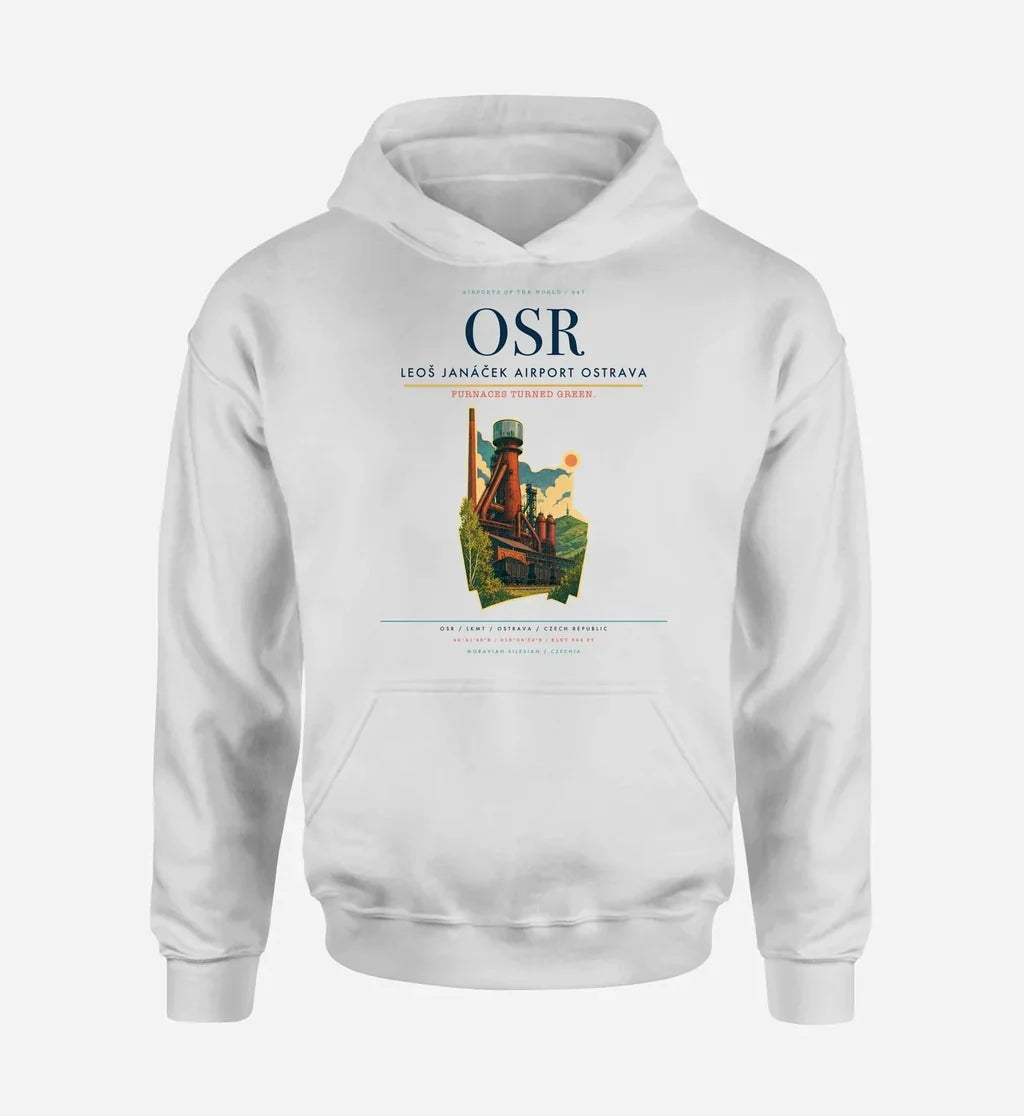 Leoš Janáček Airport Ostrava (OSR) design on white hoodie single-side print