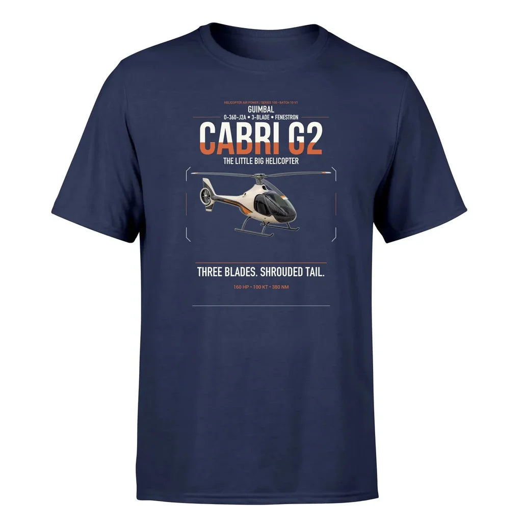 Guimbal Cabri G2 design on navy blue t-shirt, single-side print