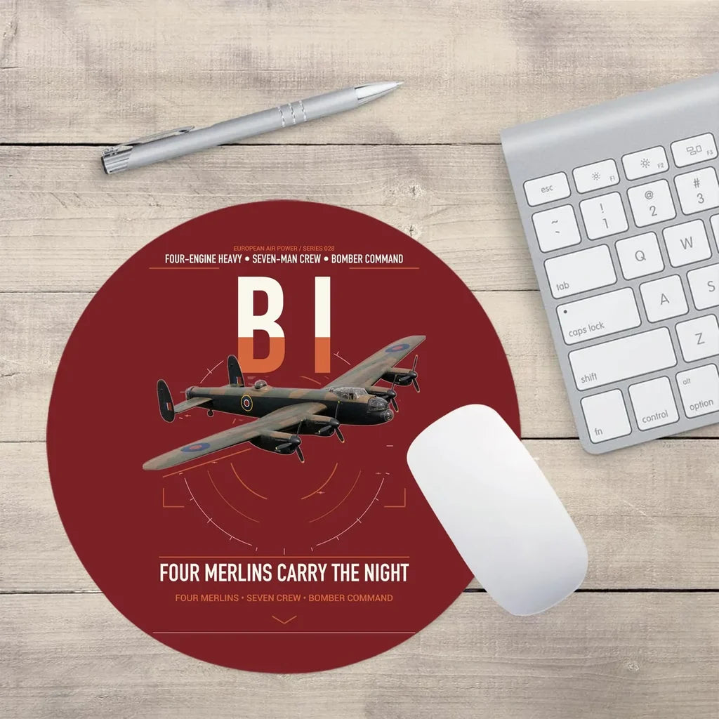 Avro Lancaster B I design on dark red round mouse pad