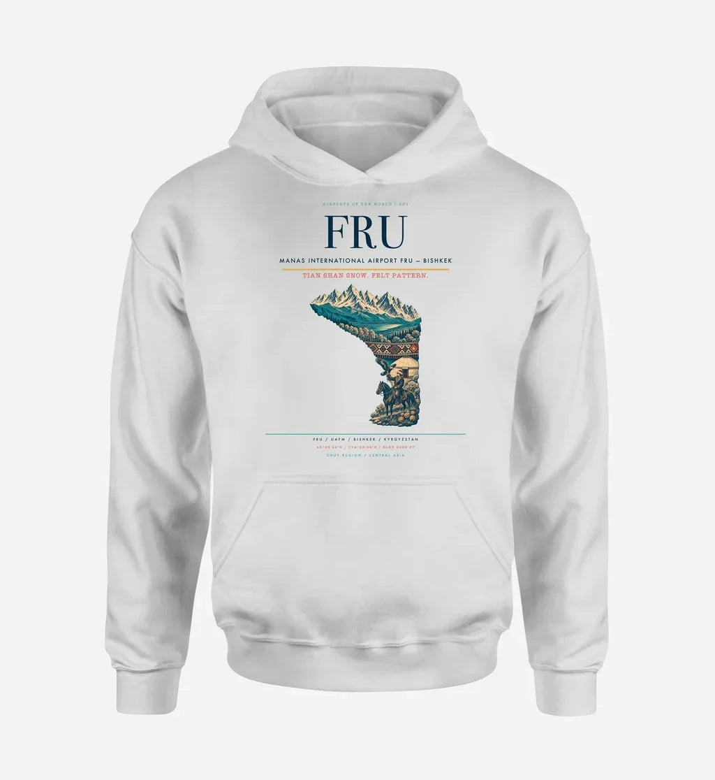 Manas International Airport (FRU) design on white hoodie single-side print