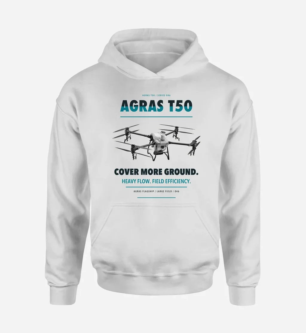 DJI Agras T50 design on white hoodie single side