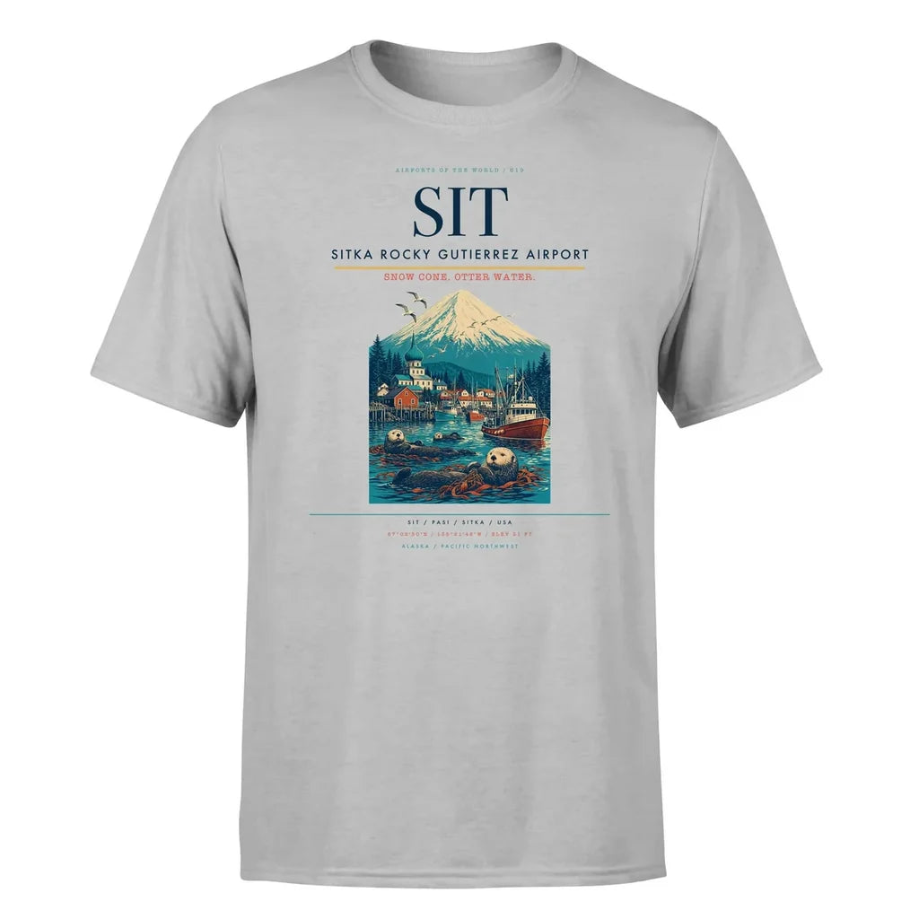 Sitka Rocky Gutierrez Airport (SIT) T-Shirt single-side front print in Light Gray | sitka-rocky-gutierrez-airport-sit-double-side-t-shirt