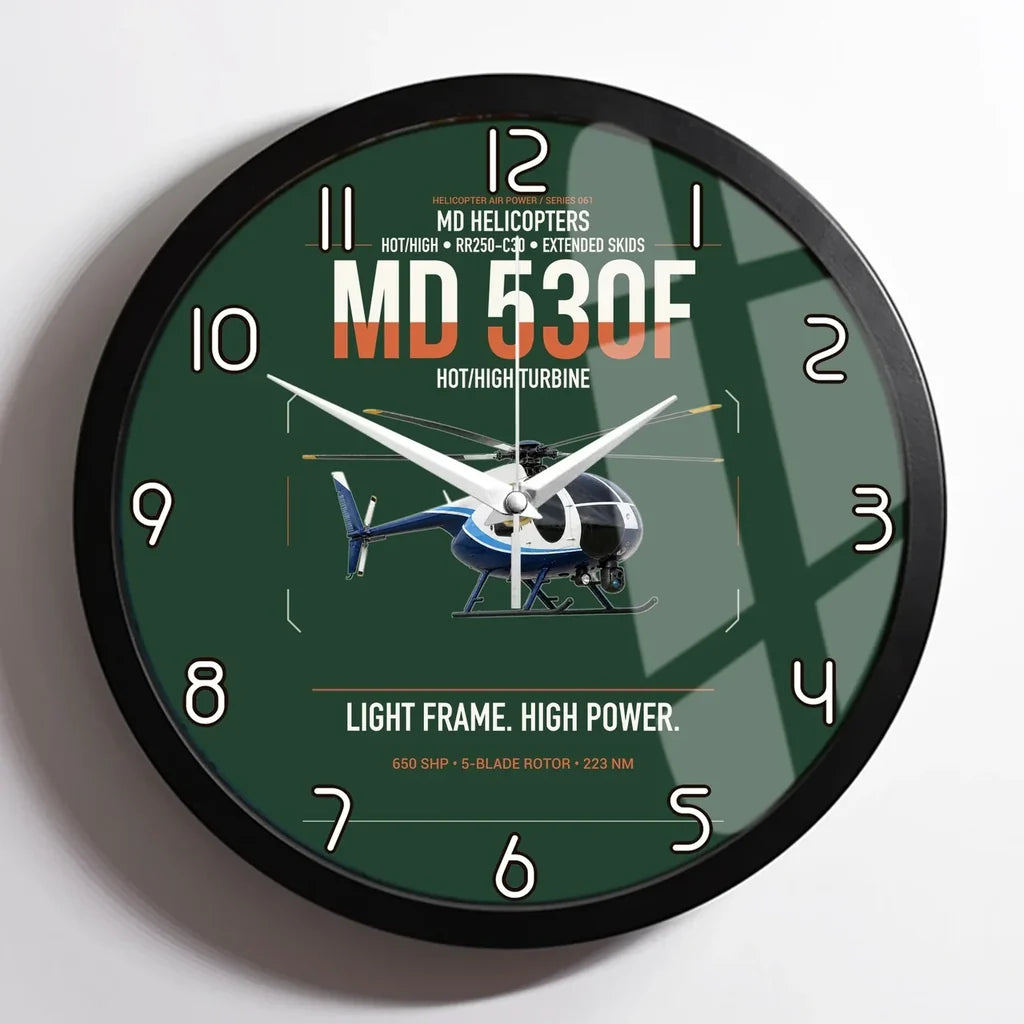 MD Helicopters MD 530F design on dark green framed wall clock