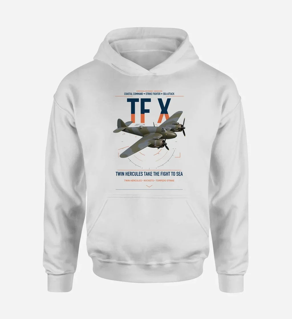 Bristol Beaufighter TF X design on white double-side hoodie, single-side print