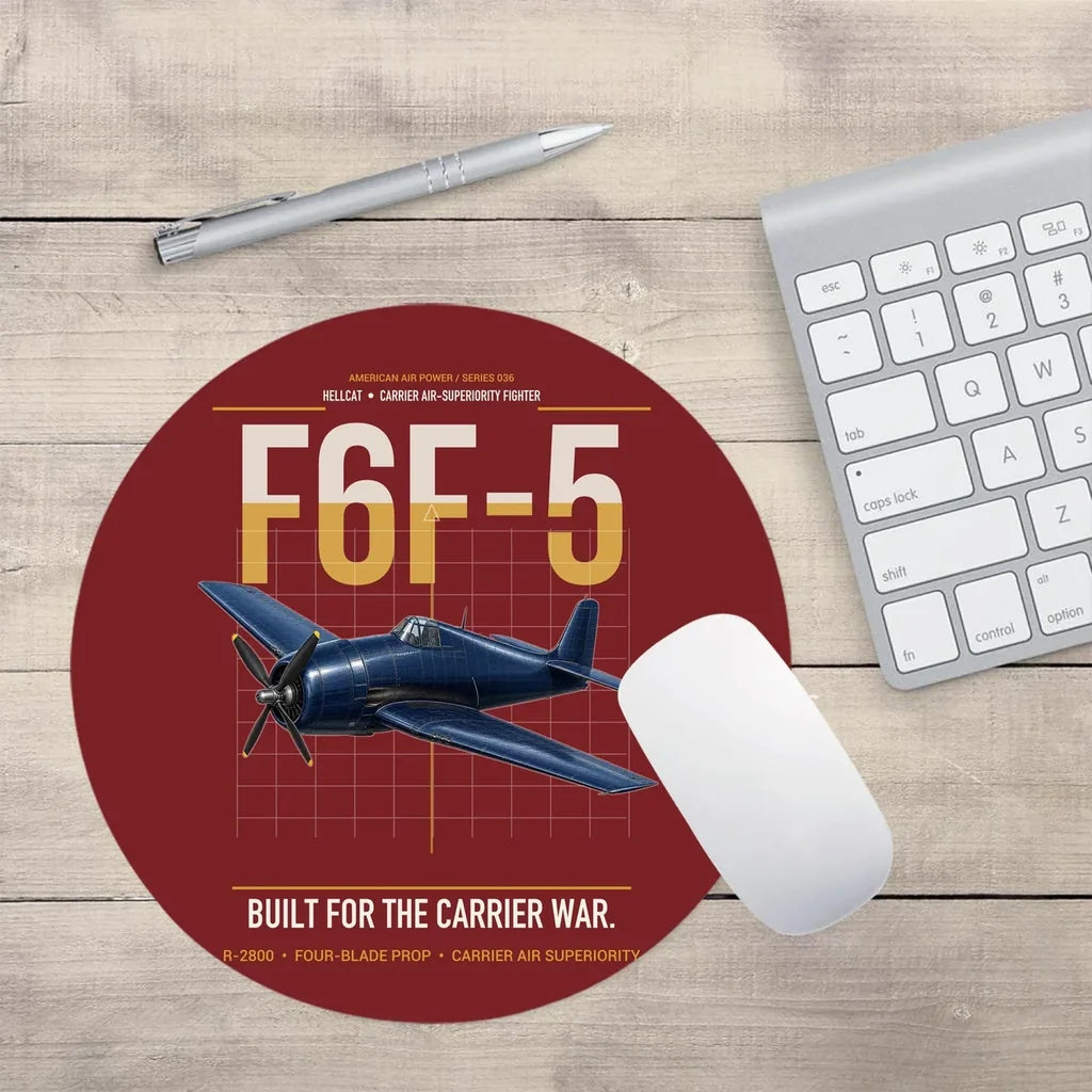 F6F-5 Hellcat design on dark red round mouse pad