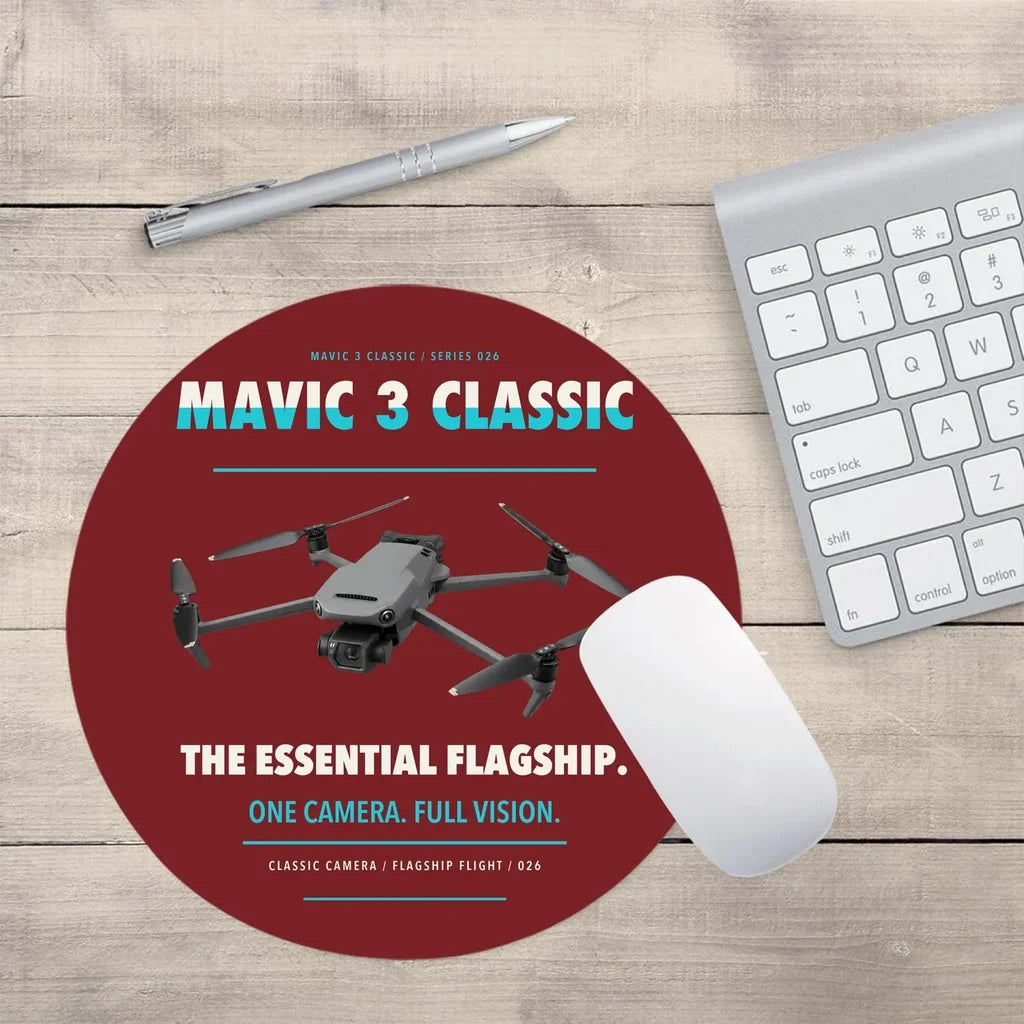 DJI Mavic 3 Classic design on dark red round mouse pad