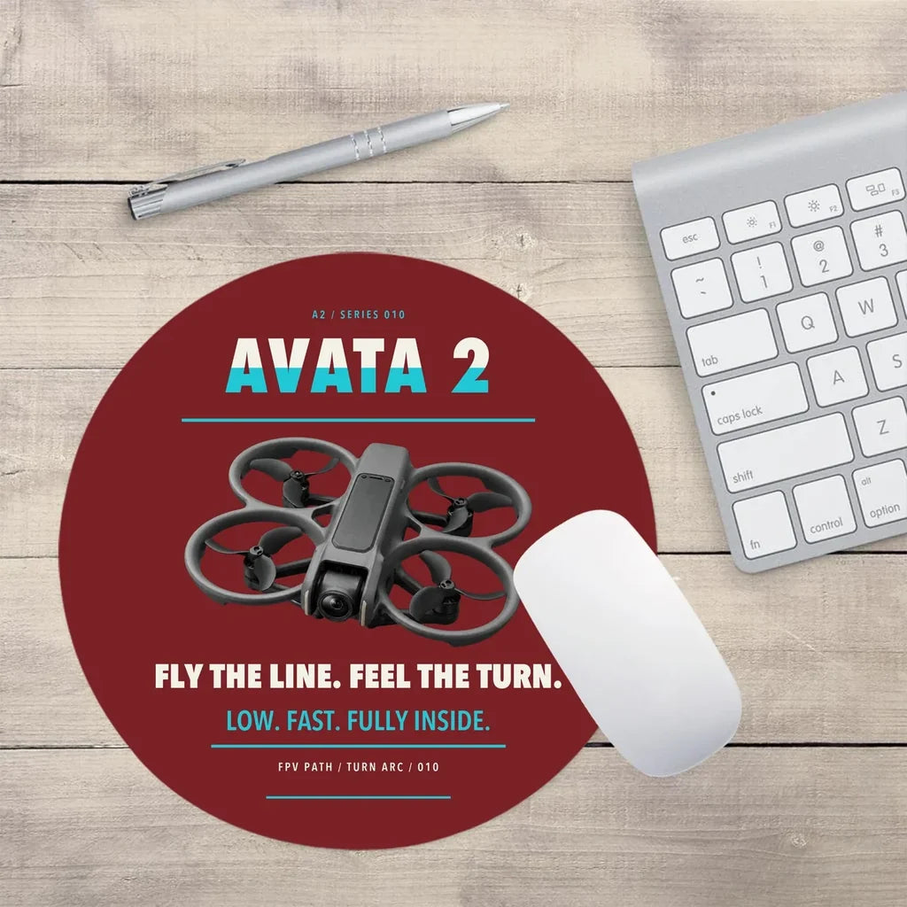 DJI Avata 2 design on dark red round mouse pad