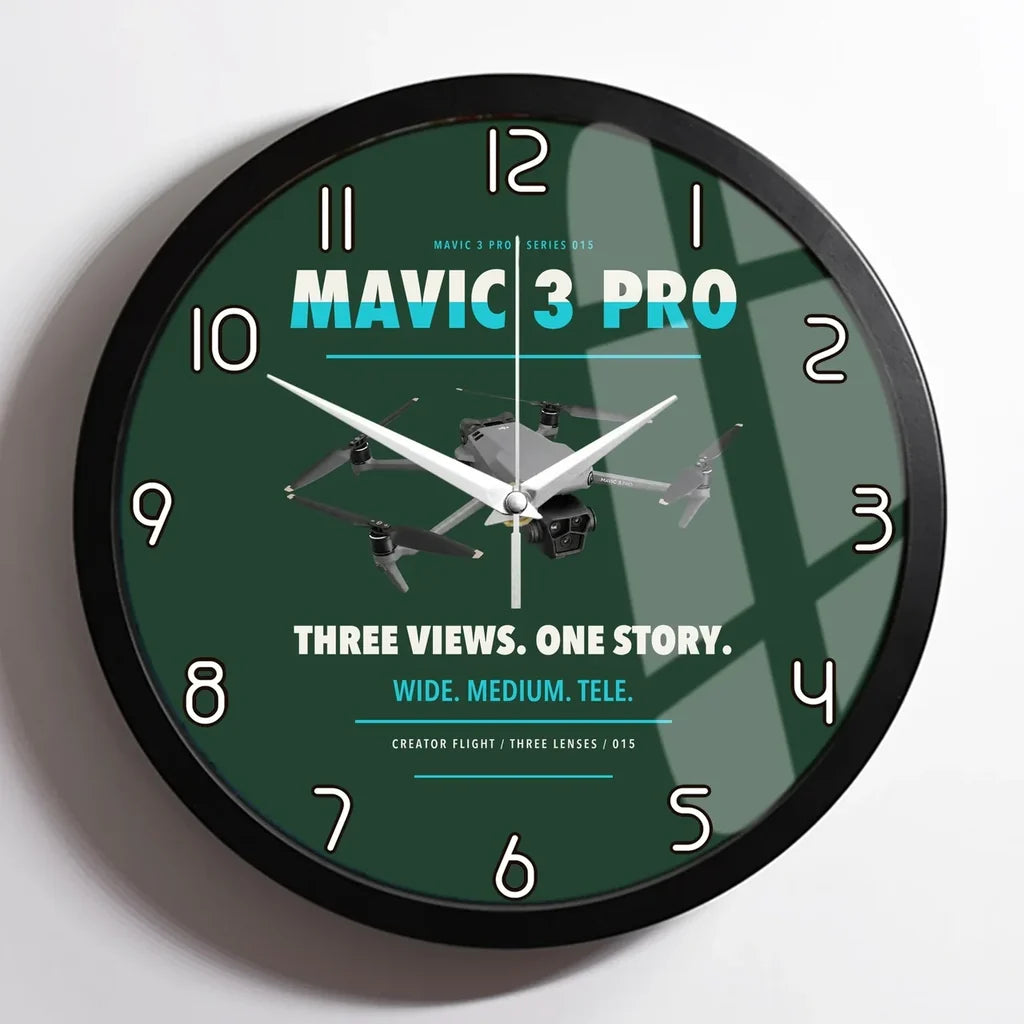 DJI Mavic 3 Pro design on dark green framed wall clock