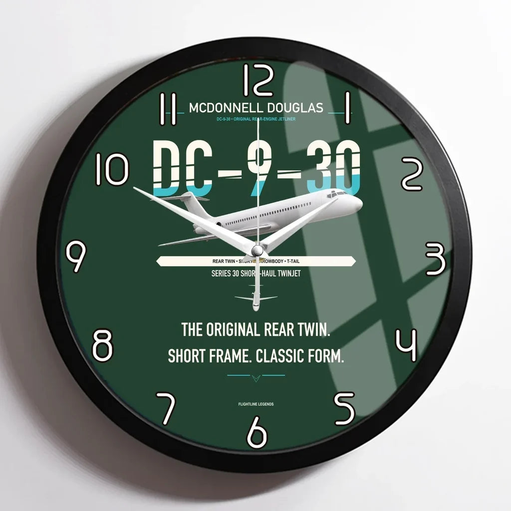 McDonnell Douglas DC-9-30 design on dark green framed wall clock
