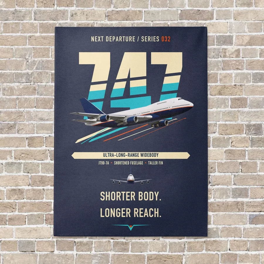 Boeing 747SP vertical canvas print - no frame - navy blue background
