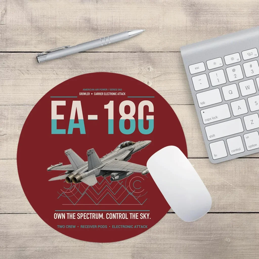 EA-18G Growler design on dark red round mouse pad