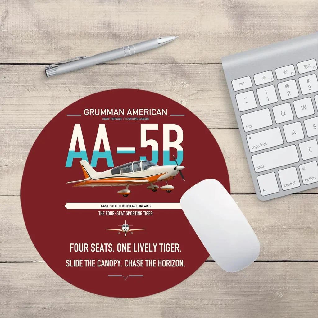 Grumman American AA-5B Tiger design on dark red round mouse pad