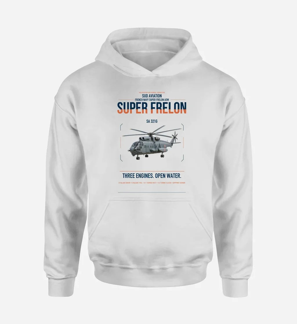 Sud Aviation SA 321G Super Frelon design on white double-side hoodie, single-side print