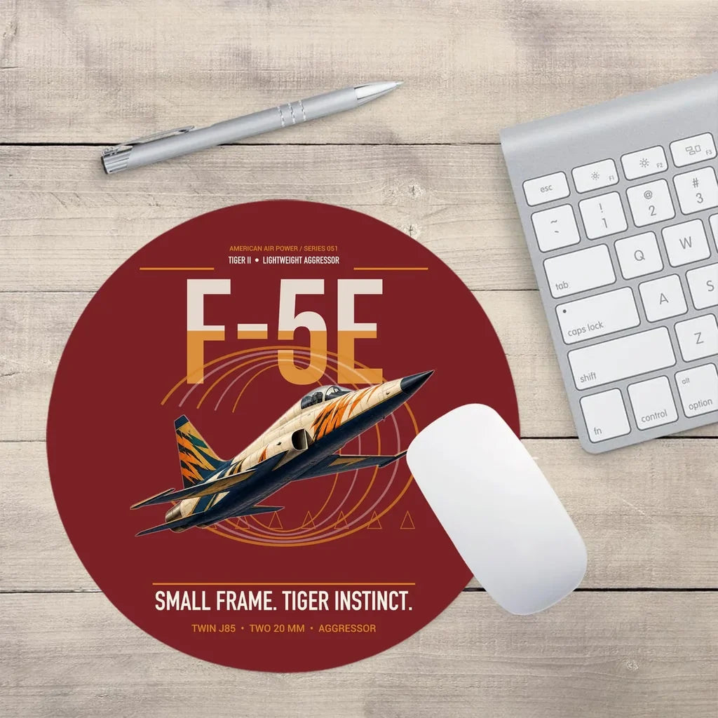 F-5E Tiger II design on dark red round mouse pad